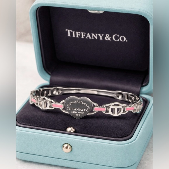 Tiffany & Co. Jewelry - Tiffany & Co  silver heart bracelet bangle with pink tones, stamped.